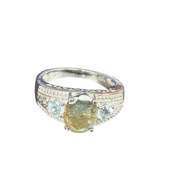 Labradorite & Blue Topaz Oval Ring Size 10 - Picture 2 of 4